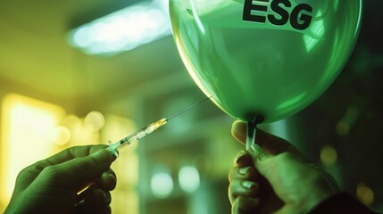 Green balloon with ESG letters, one hand holds a needle and wants to burst the balloon, concept: greenwashing, green background, copy and text space, 16:9