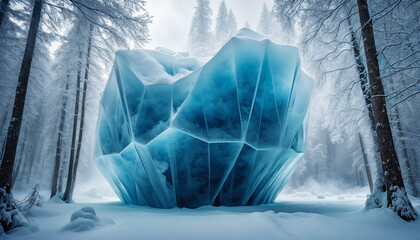 iceberg in a snowy forest, surrounded by trees and covered in a layer of ice. - 774348291