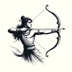 Sketchy illustration of lord rama in a dynamic pose with bow and arrow.