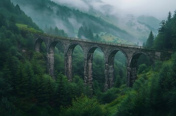 cinematic photo of an old, steel bridge with arches and barbs, standing in the middle of a dense green forest on a mountainsid - obrazy, fototapety, plakaty