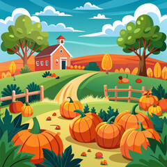 Halloween pumpkin patch on a rural farm, Vector graphics landscape Illustration Design