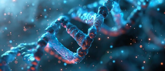 DNA-like structure illuminated with orange and blue lights, depicting biotechnology - obrazy, fototapety, plakaty