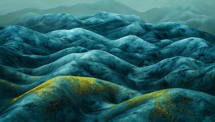 A close up of many teal blue hills with black tops, seen from above. The background is blue and yellow - obrazy, fototapety, plakaty