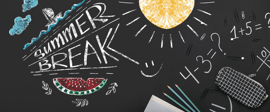 Text SUMMER BREAK and stationery on school blackboard