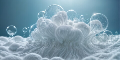 white, abstract cloud-like object sits in the center of the image, surrounded by a sea of smaller bubbles. The background is a gradient of blue. - 774348841