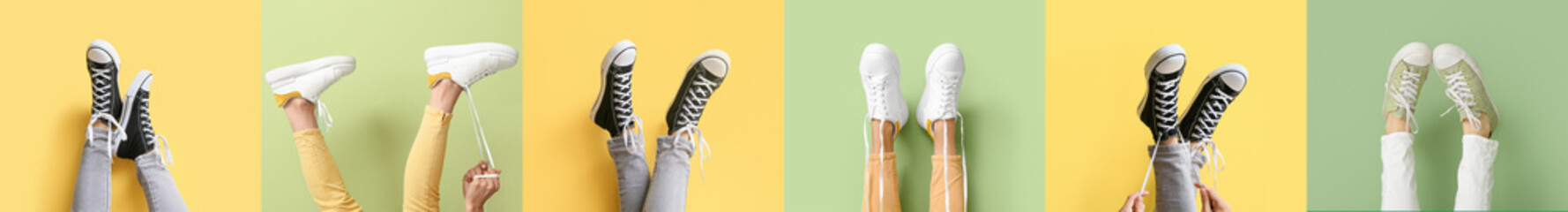 Collage of female legs in sports shoes on yellow and green backgrounds