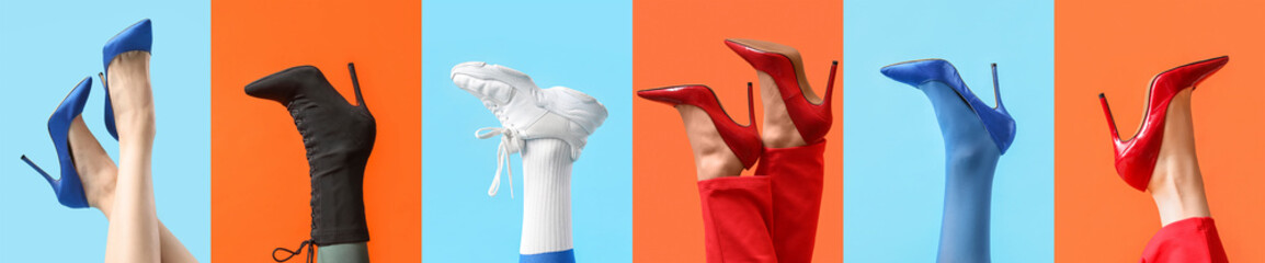Collage of female legs in elegant high heels and sports shoes on blue  and orange backgrounds