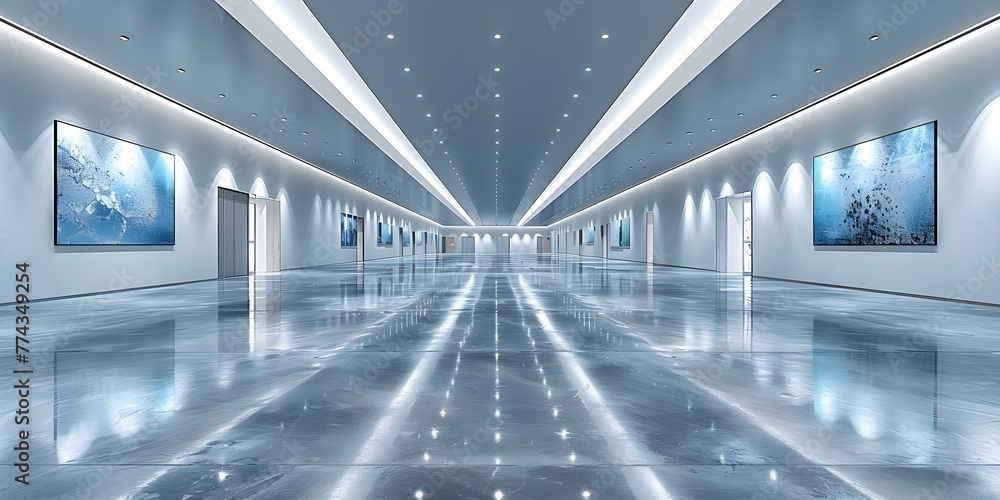 Poster blank exhibition hall with trade show stands: ideal for custom text or design - d render with ample 