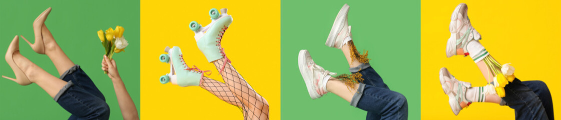 Collage of female legs in roller skates, elegant high heels and sports shoes on green and yellow backgrounds - obrazy, fototapety, plakaty