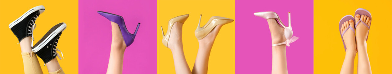 Collage of female legs in elegant high heels, gumshoes and flip-flops on yellow and purple...