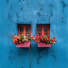 Fototapeta na wymiar Two Windows With Flowers In Them
