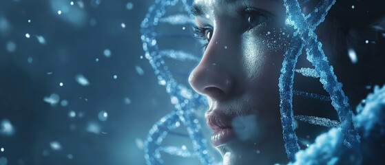 Human profile with a backdrop of a radiant DNA double helix, representing bioengineering and genetics