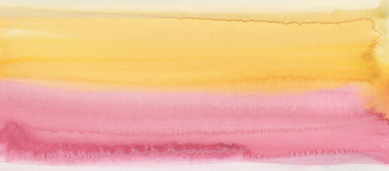 Ink watercolor hand drawn smoke flow stain blot wave landscape on wet paper texture background. Yellow, pink beige color.