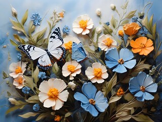 Blue Colors butterflies painted with oil paints and delicate wildflowers | Colorful oil paint art