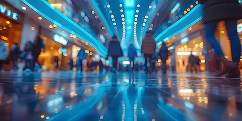 Blurred background of a modern shopping mall with shoppers walking around creating a sense of movement. Concept Blurred Background, Shopping Mall, Movement, Shoppers, Modern