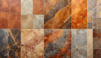 Collage of ceramic tiles textures in different shades and colors. Different shades of brown, orange...