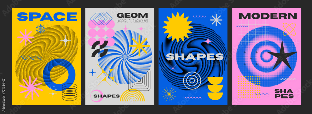 Poster set of cool futuristic trendy brutalist posters. collection of abstract geometric pattern shapes.