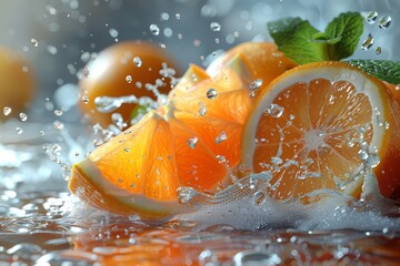 This set contains 3D modern realistic graphic elements. The set includes oranges, lemons, mint, ice water, and droppings of dew. It is high quality and is 50Mb. - obrazy, fototapety, plakaty