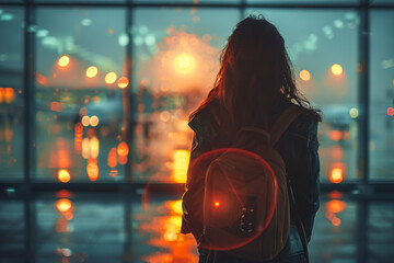 Traveling concept. Young woman in casual wear standing in international airport terminal.