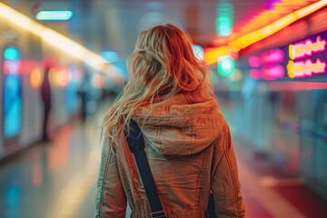 Traveling concept. Young woman in casual wear standing in international airport terminal.