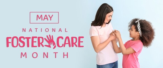 Banner for National Foster Care Month with happy woman and little African-American girl