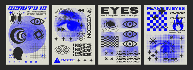 Set Of Cool Y2k Acid Posters Vector Design. Collection of Futuristic Cyberpunk Illustrations. Eye Halftone Design.