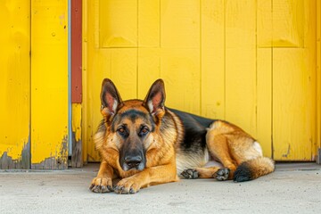 German Shepherd dog laying on concrete by yellow door photographed vertically with wide angle lens
