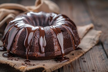 Chocolate cake with glaze on wooden table Focus on cake