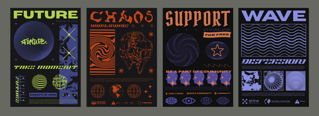 Set Of Cool Futuristic Cyber Punk Posters Vector Design. Collection Of Y2k Retrowave Placards.