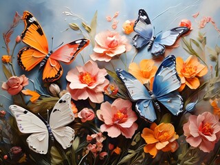 Colors butterflies painted with oil paints and delicate wildflowers | Colorful oil paint art