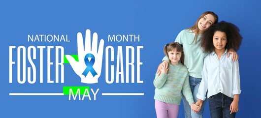 Banner for National Foster Care Month with happy woman and little girls