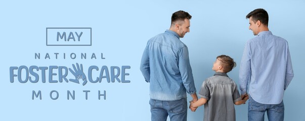 Banner for National Foster Care Month with happy gay couple and little boy