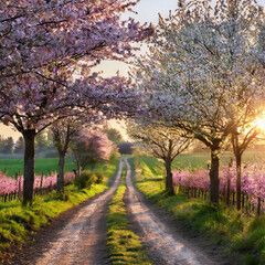 Landscape of dirt road with cherry blossom trees against the sky in spring at sunset