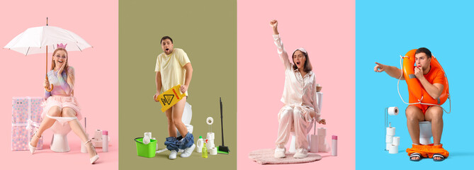 Set of funny young people sitting on toilet bowls against color background