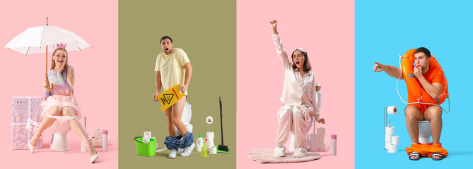 Fototapeta premium Set of funny young people sitting on toilet bowls against color background