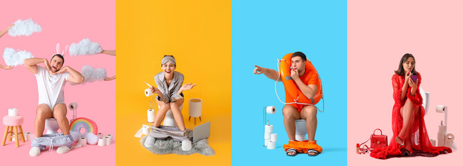 Collage of funny young people sitting on toilet bowls against color background