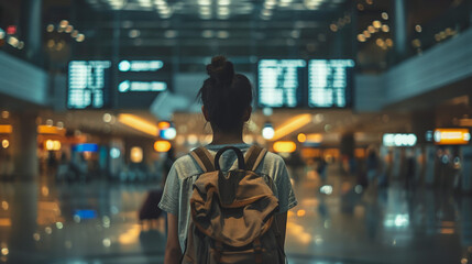 Young woman traveler looking at the airplane at the airport, Travel concept