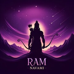 Illustration for ram navami with a silhouette of lord rama holding a bow and arrow.