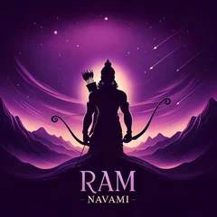 Fototapeten Illustration for ram navami with a silhouette of lord rama holding a bow and arrow. © Milano