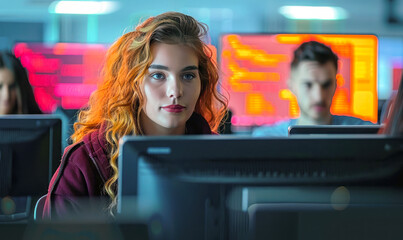 Silhouettes of office employees working on computers in a cybersecurity training session, learning to protect company data from hacking threats under neon red lights in a futuristic setting