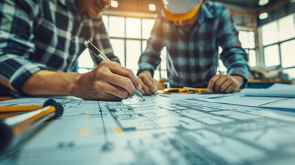 Two Men Working on Blueprints at a Table
