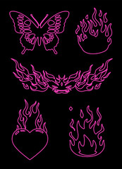 Neo-tribal line art tattoo set with illustrations of hearts and flames of fire. - 774352661