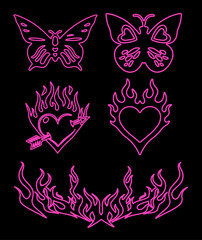 Neo-tribal line art tattoo set with illustrations of hearts and flames of fire. - 774352673