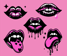 Set of girlish gothic stickers with illustrations of lips. Vector illustration for t-shirt print, tattoo design or patches. 