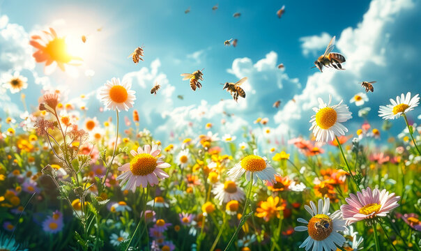 Idyllic meadow scene, harmonious relationship between honeybees and blooming wildflowers, vital role of pollinators in sustaining vibrant ecosystems and the need for creating bee friendly environments