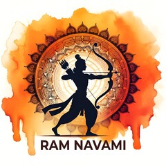 Watercolor illustration for ram navami with a silhouette of lord rama in an action pose.