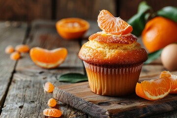 Gluten free almond cupcake with tangerines on wood