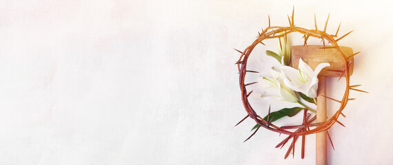 Crown of thorns, lilies, hammer and nails on white background with space for text, top view