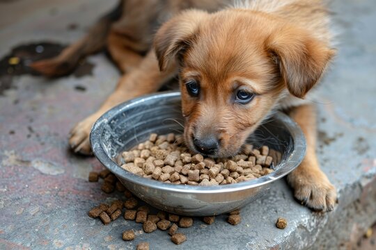 a puppy eating dry dog food from a metal bowl on concrete