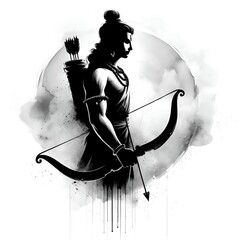 Black and white watercolor illustration for ram navami with silhouette of lord rama.